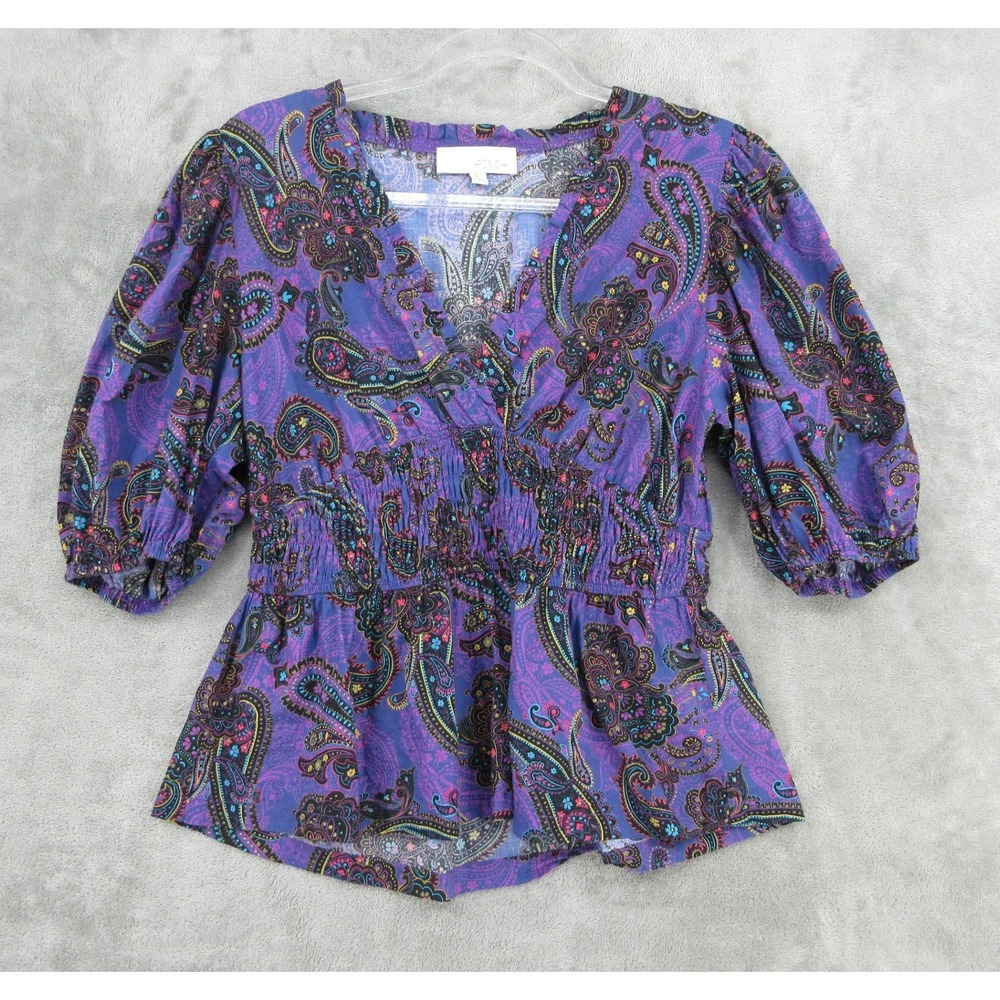 PINCH Top Womens Size L Purple Paisley Smocked Waist Puff Sleeve Pheasant Boho